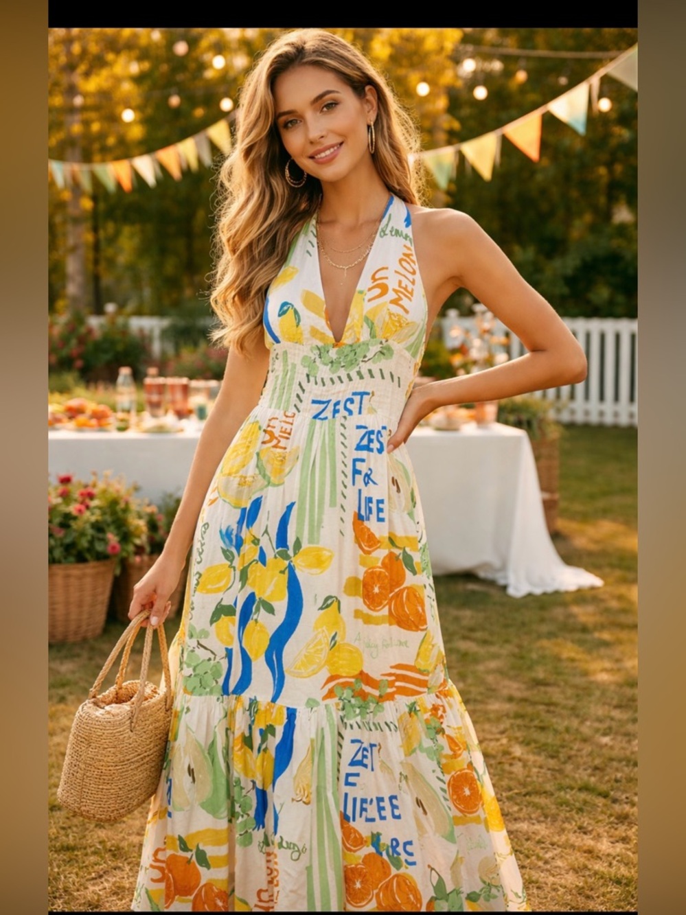 Stitch Fusion Rayon halter Lemon Print Maxi Dress size XL NWT